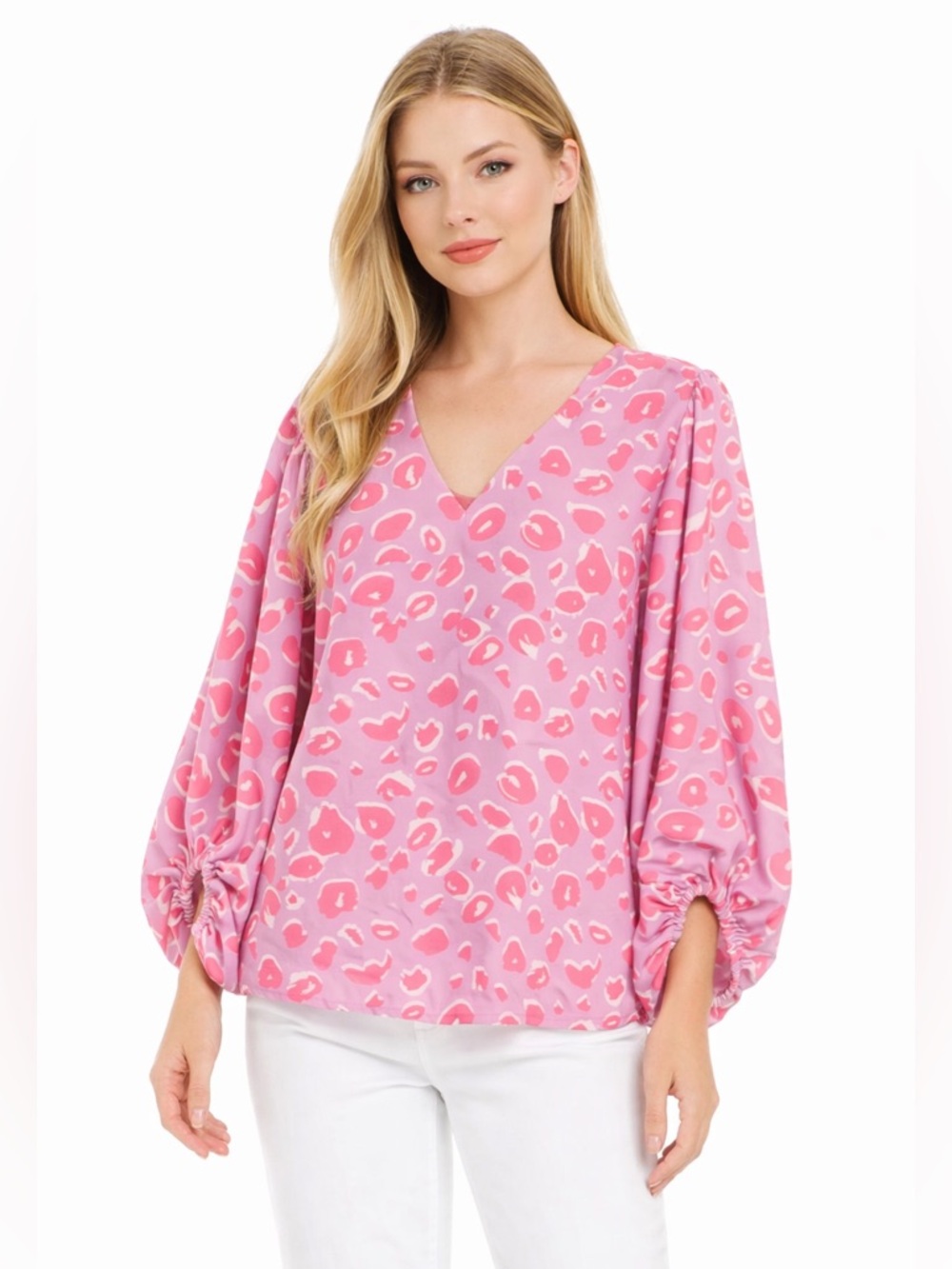 NWT Adrienne Animal Element Pink Leopard Print Puff Sleeve Blouse Size Small